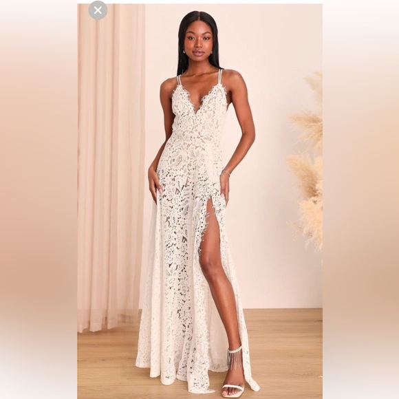 Lulus Dresses & Skirts - NWT Lulus M Lace Strappy Evening Formal Feminine Maxi Dress White Sheer Elegant